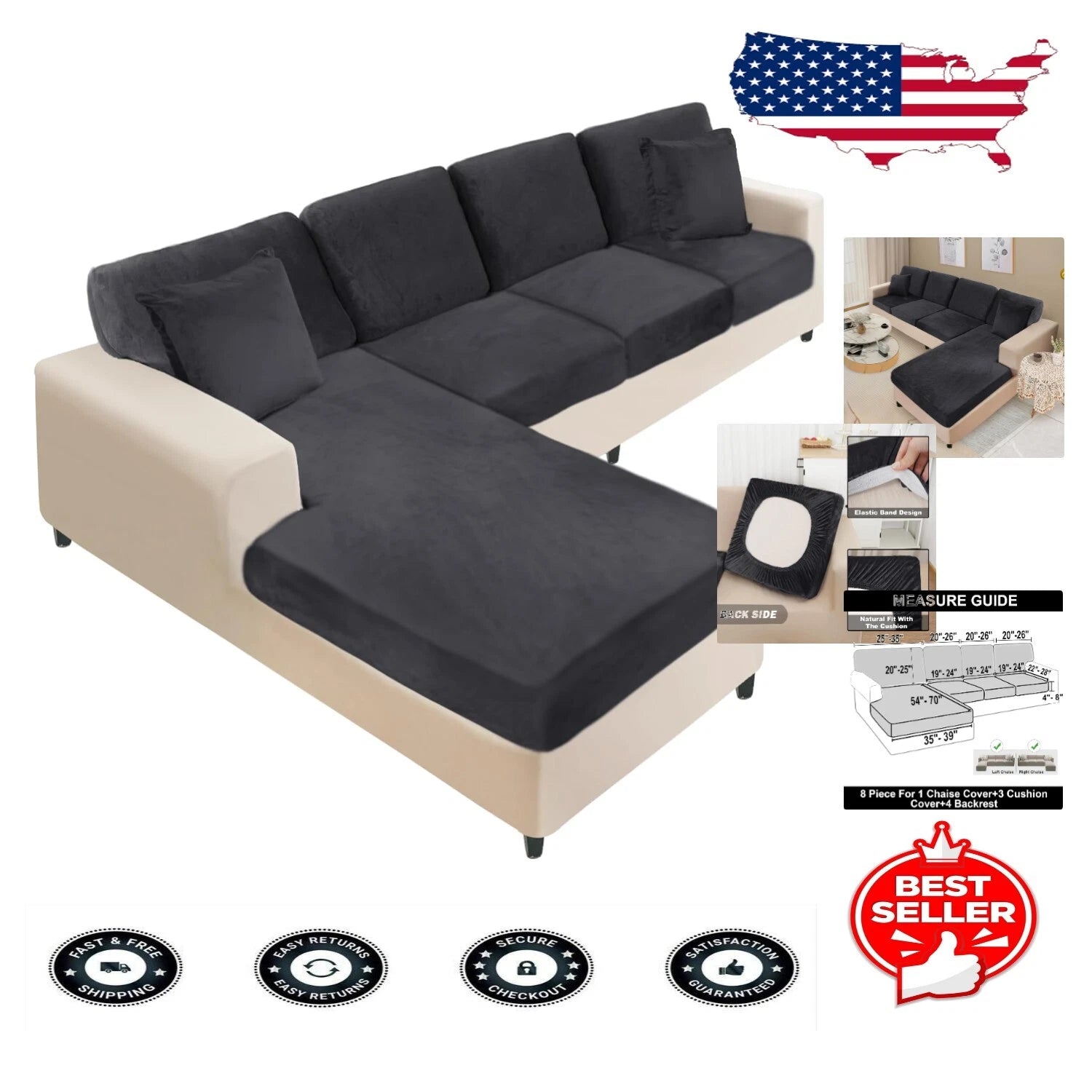 Stretchable Eight-Piece Velvet Slipcovers for Sectional Sofas with Pillowcases