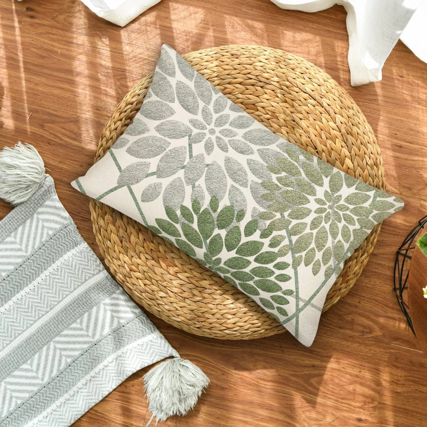 Sage Green Decorative Dahlia Boho Lumbar Pillow Covers 12X20 Inch, Geometric Flo