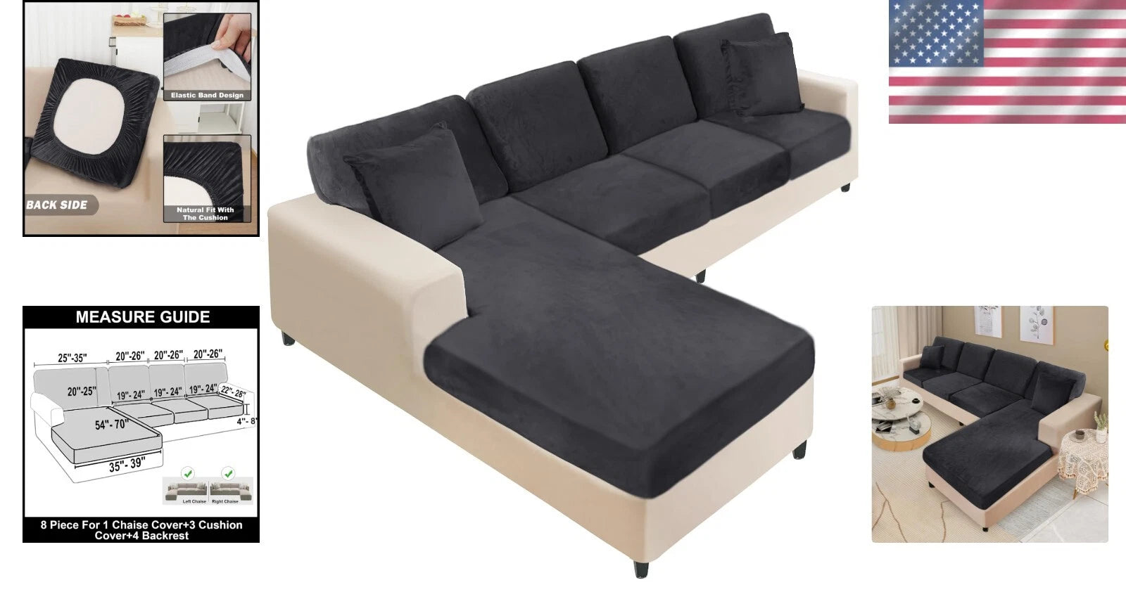 Stretchable Eight-Piece Velvet Slipcovers for Sectional Sofas with Pillowcases