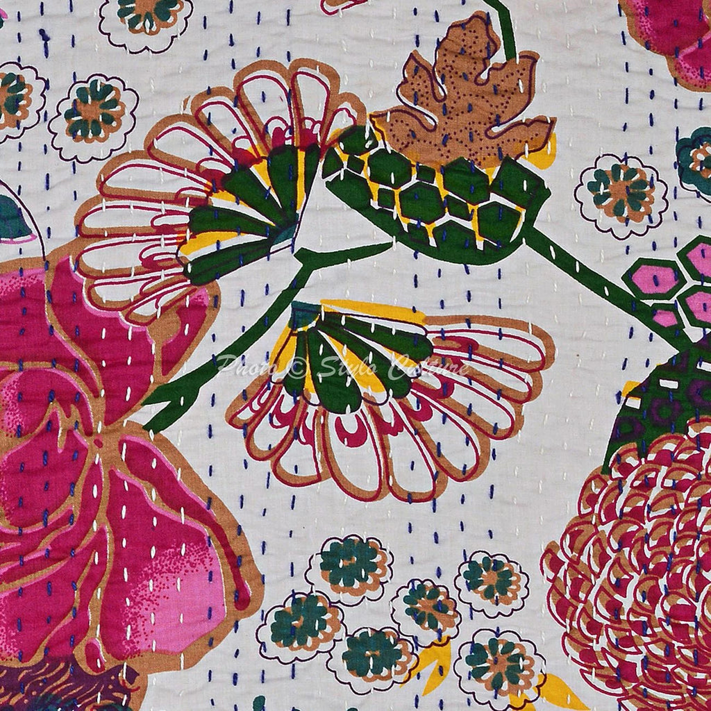 Dorm Decor Cotton Kantha Sofa Cushion Cover White Tropicana Pillow Cover
