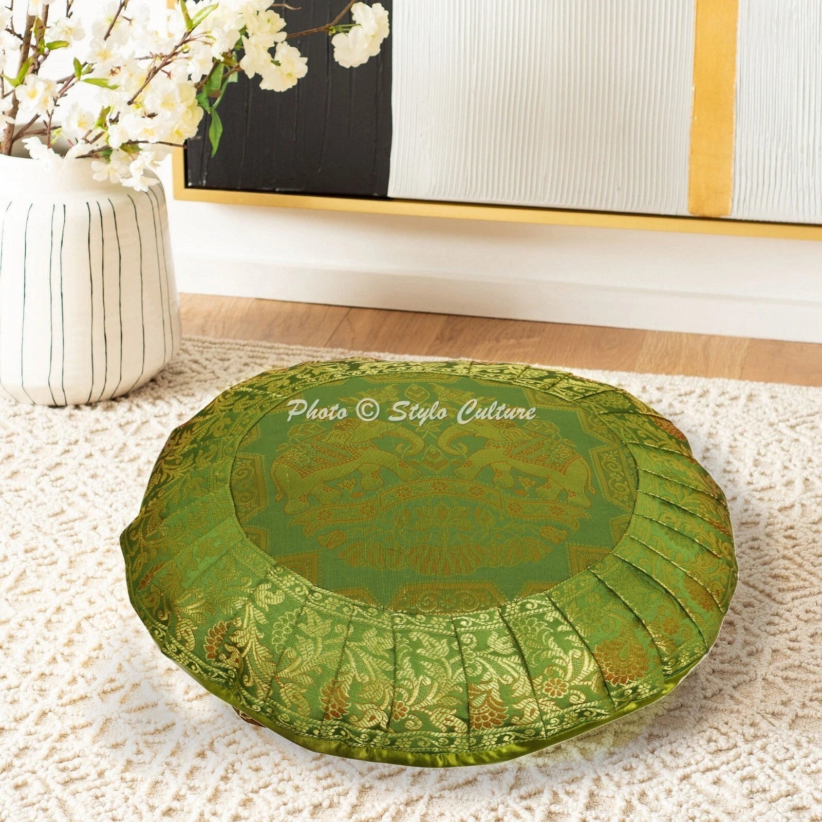 Green Cushion Cover Brocade Jacquard Gypsy Elephant Tribal Hippie Pillow
