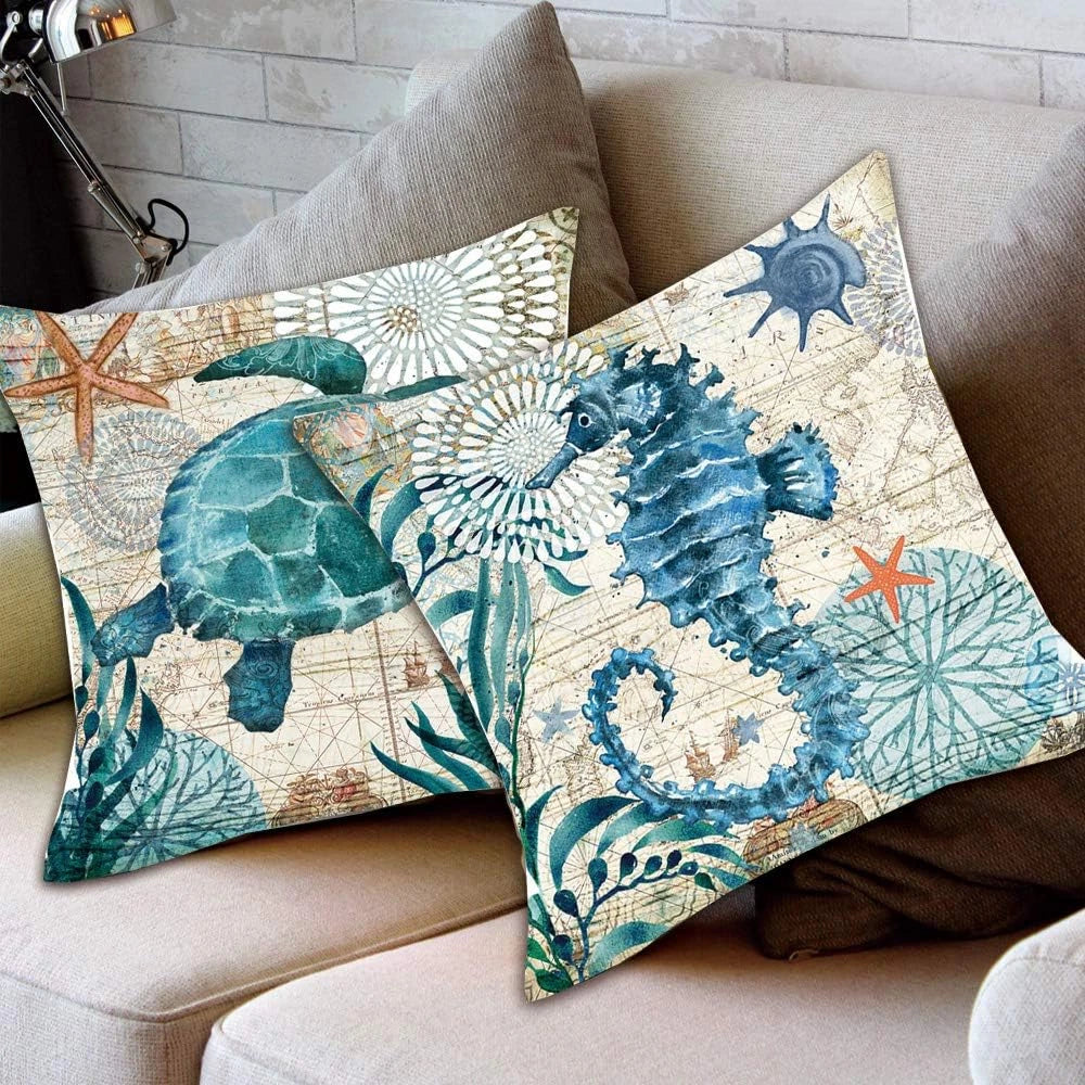 Ocean Theme Decorative Throw Pillow Cover 18X18 Set of 2, Turtle Seahorse Throw