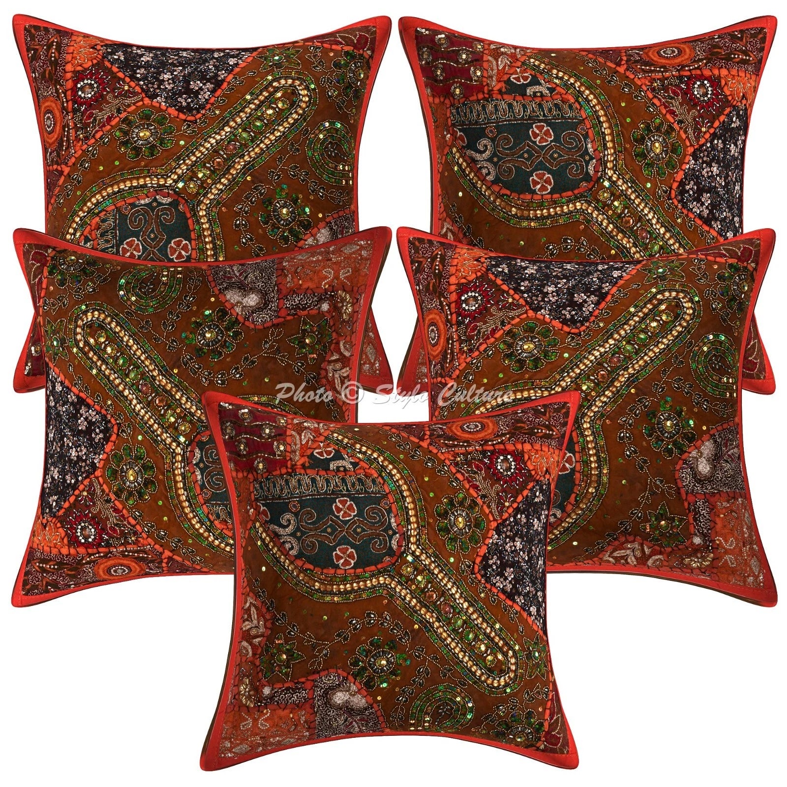 Home Decor Pillow Cover Beaded Bohemian Boho Cushion Cover Throw 16 x 16 in