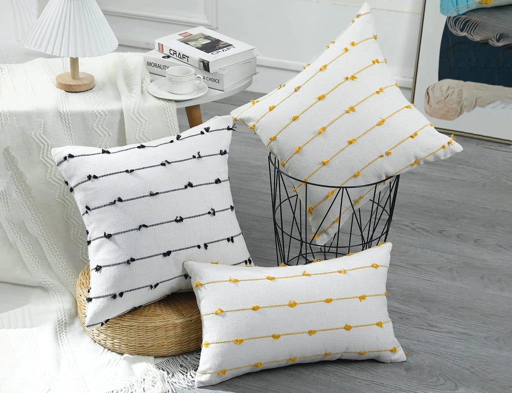 Set of 2 Boho Throw Pillow Covers 30x30,Beige Yellow Neutral Couch Pillow Cas...
