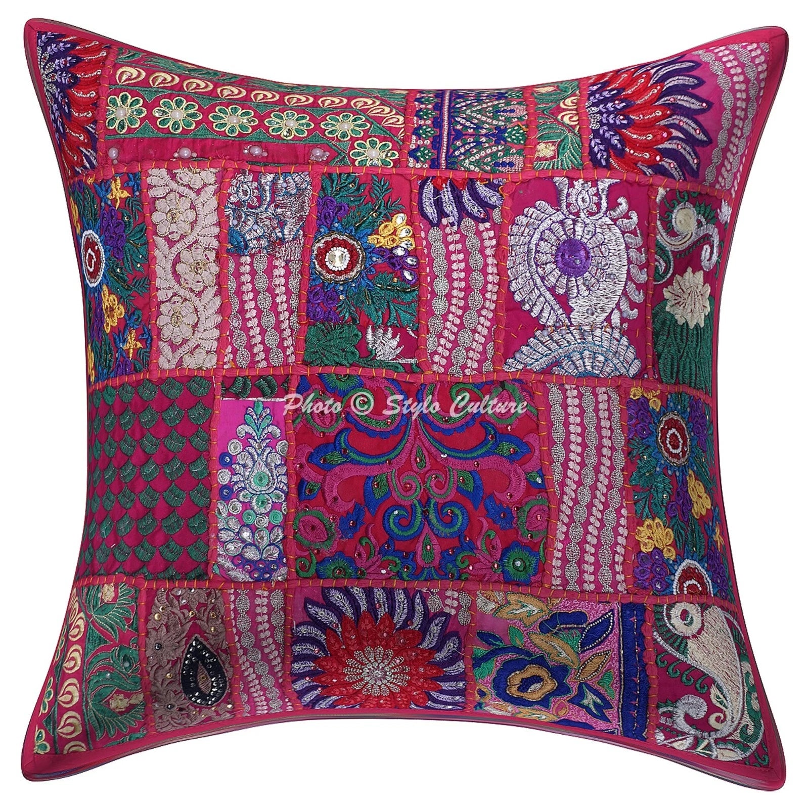 Pink Cushion Cover Vintage Gypsy Handmade Indian Ethnic Tribal Hippie Pillow