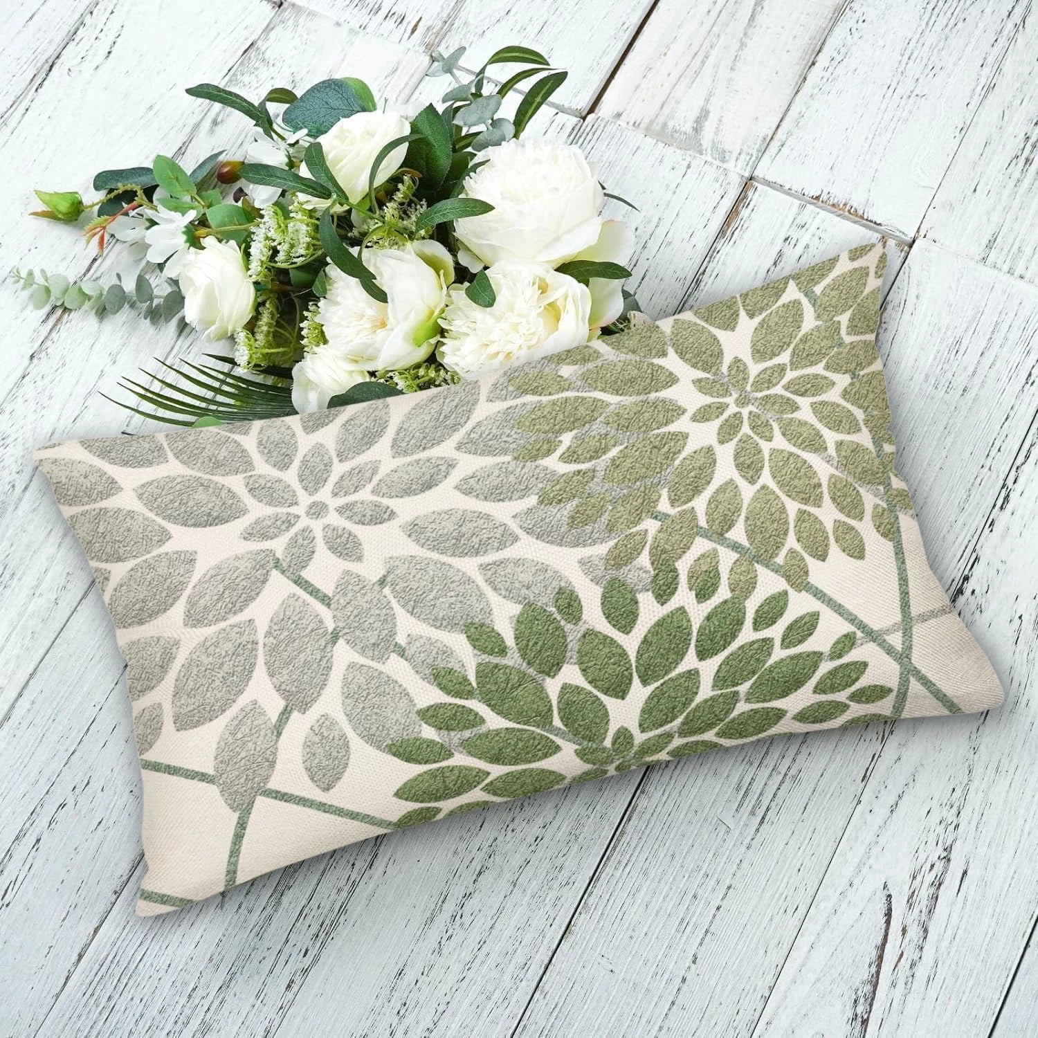 Sage Green Decorative Dahlia Boho Lumbar Pillow Covers 12X20 Inch, Geometric Flo
