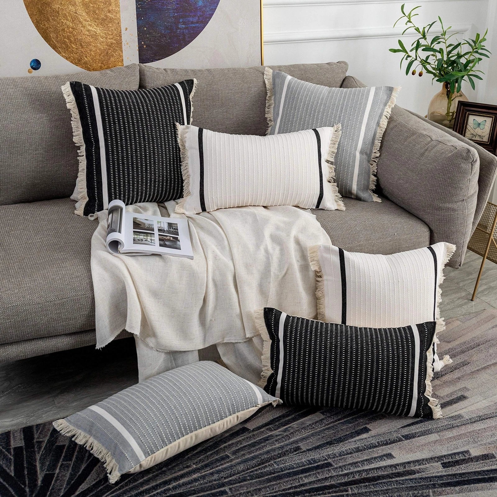 OJIA Modern Throw Pillow Cover with Tassels, Decorative Liana Fringe Accent C...