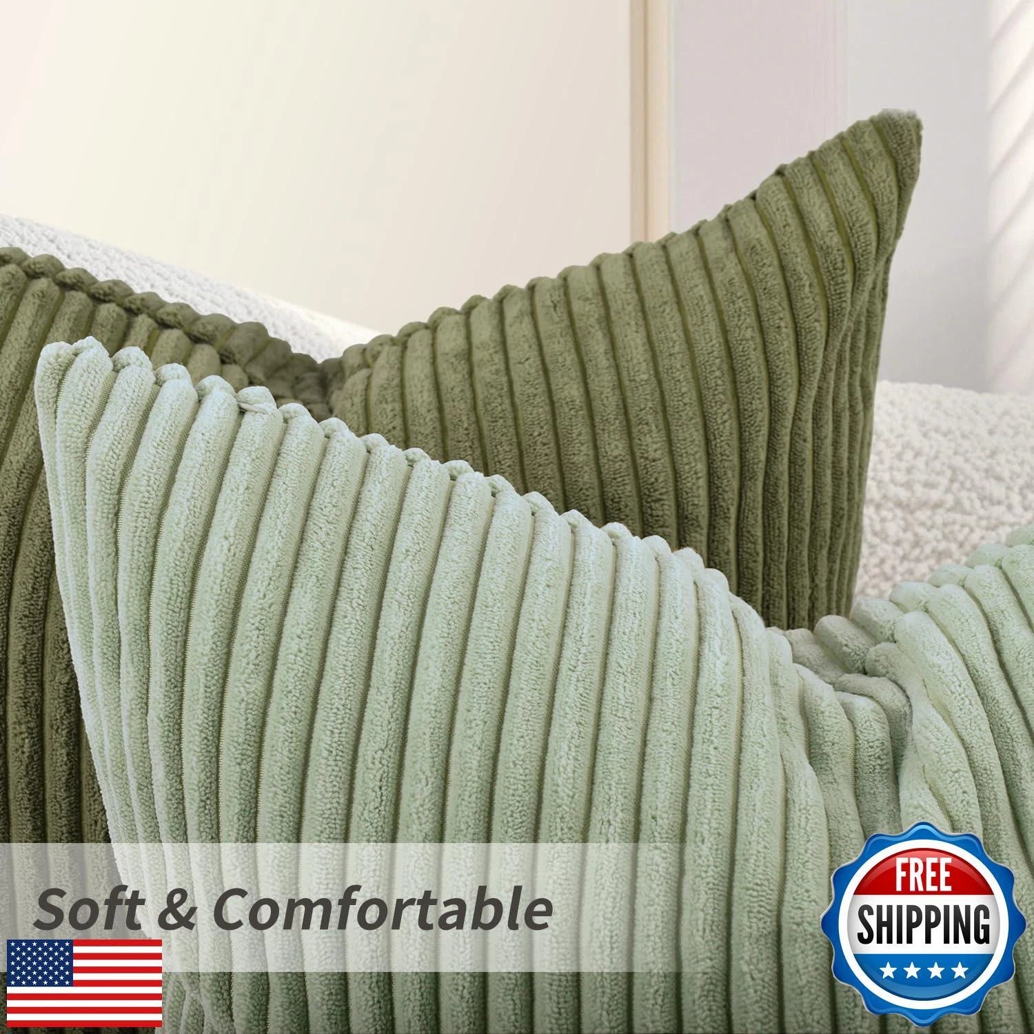 Pack of 2 Olive Green Corduroy Decorative Throw Pillow Covers 12x20 Inch Stri