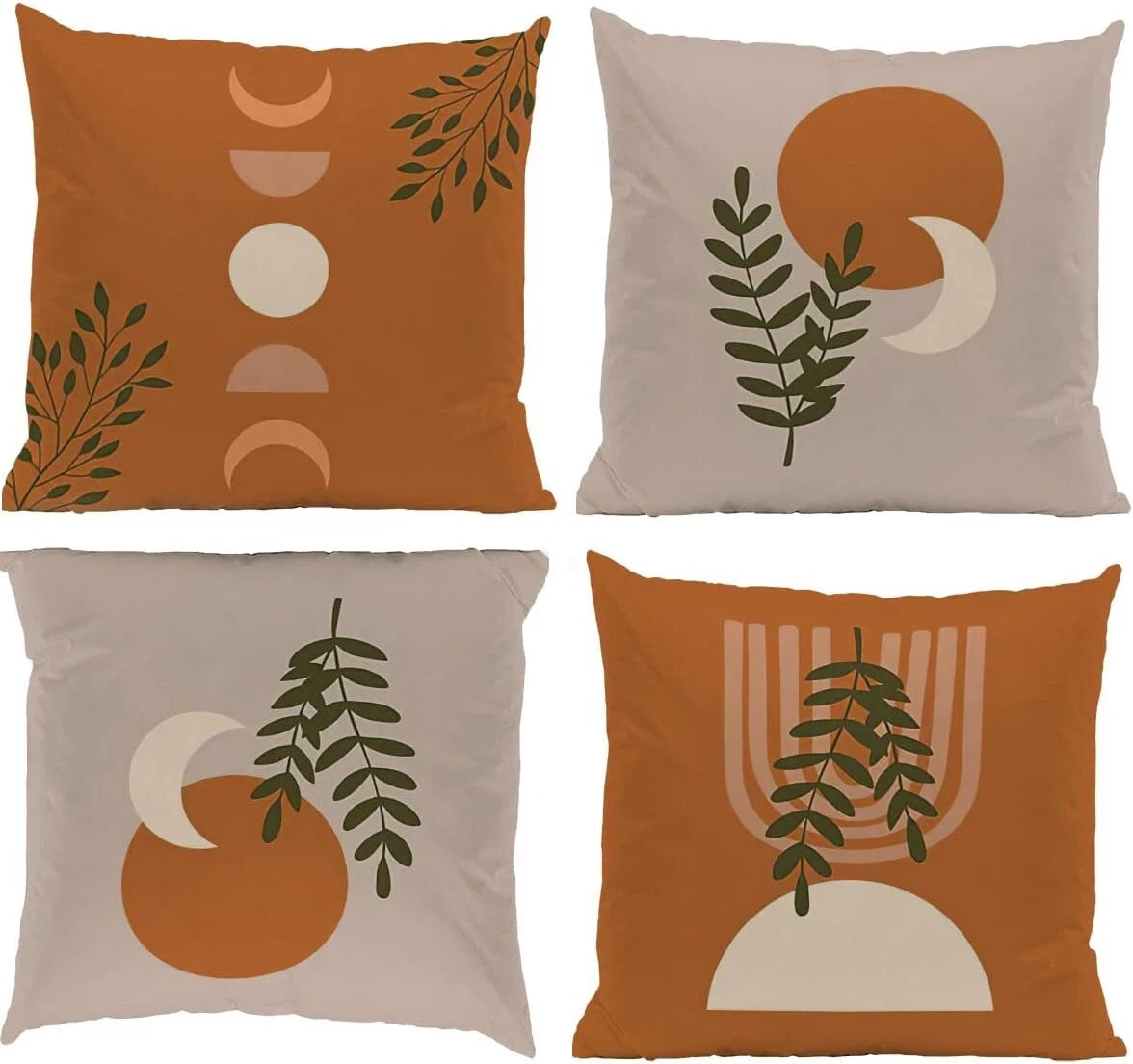 Set of 4 Pillow Covers, 18" x 18" Boho Full Moon Crescent Moon Tropical Plant