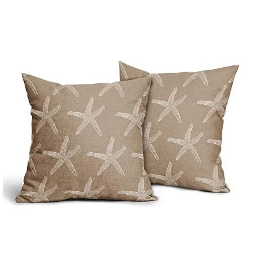 Tan Brown Starfish Pillow Covers 18X18 Inch Coastal Beachy Nautical Couch