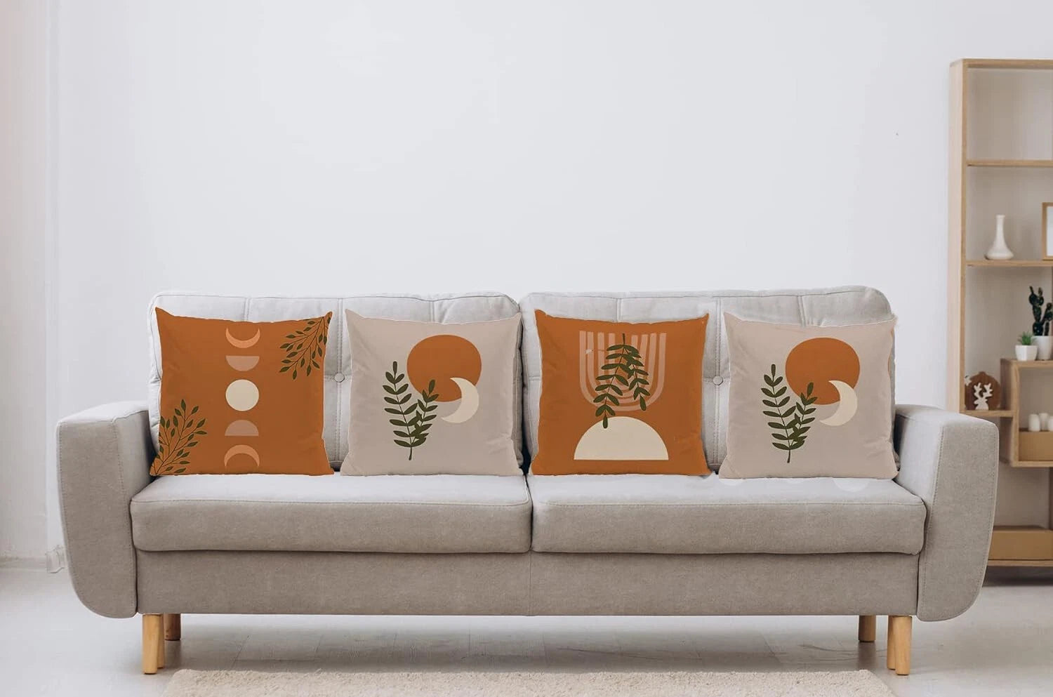 Set of 4 Pillow Covers, 18" x 18" Boho Full Moon Crescent Moon Tropical Plant