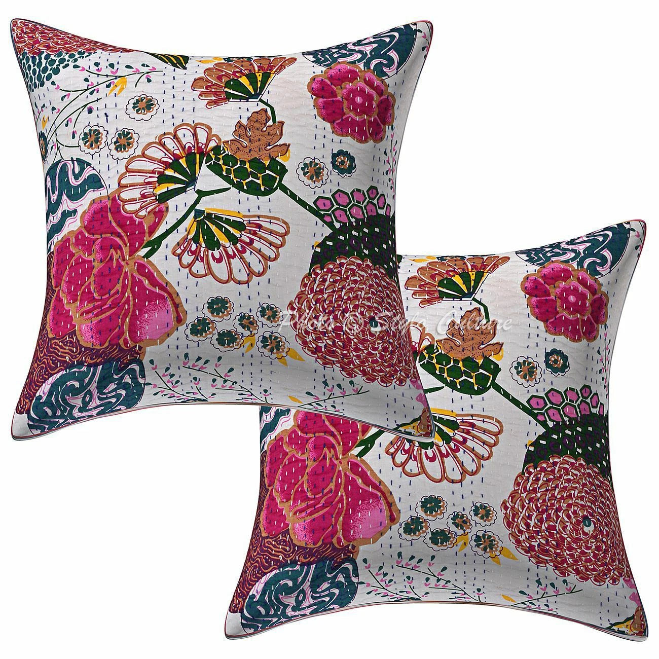 Dorm Decor Cotton Kantha Sofa Cushion Cover White Tropicana Pillow Cover