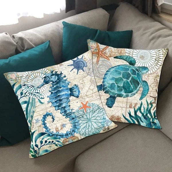 Ocean Theme Decorative Throw Pillow Cover 18X18 Set of 2, Turtle Seahorse Throw