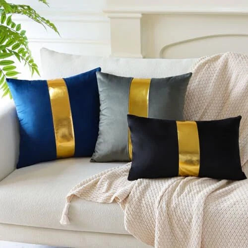 Velvet Throw Pillow Covers with Gold Leather 16x24 Inch (Pack of 2) Navy Blue