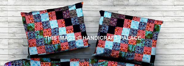 Patchwork Pillow Cover Indian Hand Print Pillow Sham Cotton Bed Sofa Decor Throw