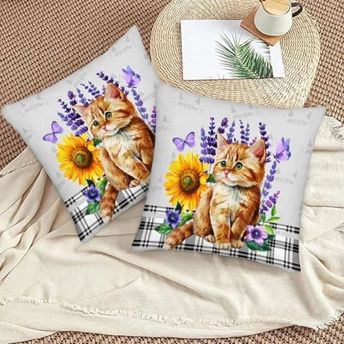 Pillow Covers 18x18 Inch Set of 2 Sunflower 18" x 18" (Pack of 2) Cute Cat