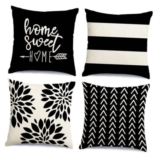 and White Throw Pillow Covers 16x16 Set of 16" x 16" (Pack of 4) Black