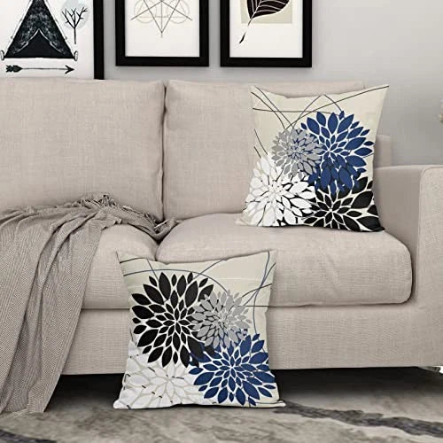Pillow Covers 18x18 Inch Dahlia Flower White 18" x 18" (Pack of 2) Black Blue