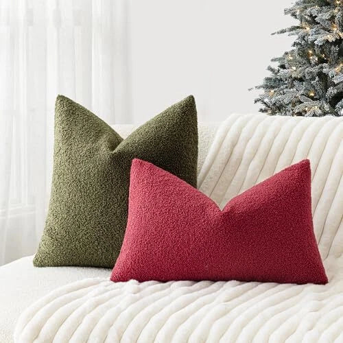 Pack of 2, Curly Faux Fur Decorative Throw Pillow 12"x20",2 Pieces Burgundy
