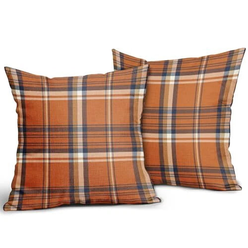 Fall Plaid Pillow Covers 18x18 Set of 2 18" x 18" (Pack of 2) Orange Blue