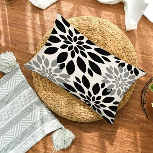 Black Grey Dahlia Flower Throw Pillow Covers 12x20 Inch Modern Black Dahlia