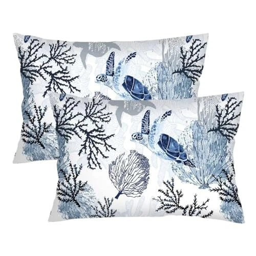 Sea Turtle Pillow Cover Queen Size Set of 2 Coastal Beach Ocean White Blue