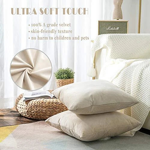Super Soft Velvet Throw Pillow Covers Square 2 pieces, 18"x18" Beige