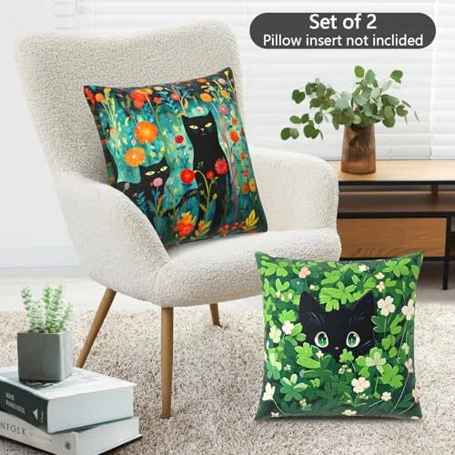 Throw Pillow Covers, 18x18 Inch Cotton Linen Pillow Cases 2pcs-a-cute Black Cat