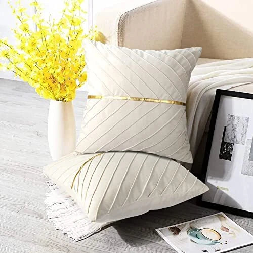 Velvet Throw Pillow Covers 16x16 inch Pack of 2 with Gold 16"L x 16"W Beige