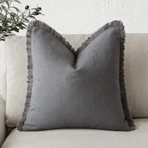 Decorative Linen Fringe Throw Pillow Covers Cozy Boho Farmhouse 18" x 18" Grey