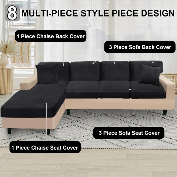 Stretchable Eight-Piece Velvet Slipcovers for Sectional Sofas with Pillowcases