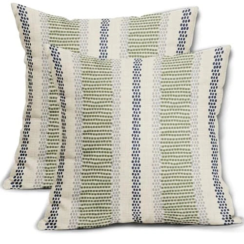 Navy Blue Lime Green Pillow 18" x 18" (Pack of 2) Blue Green Grey Boho Striped