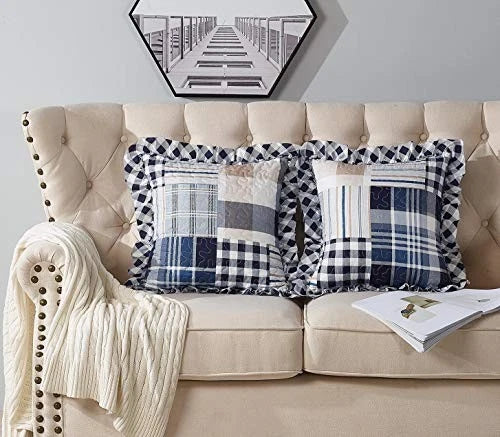 Plaids and Stripes Patchwork Ruffle Pillowshams, 18" x 18" (Pack of 2) Blue