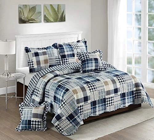 Plaids and Stripes Patchwork Ruffle Pillowshams, 18" x 18" (Pack of 2) Blue