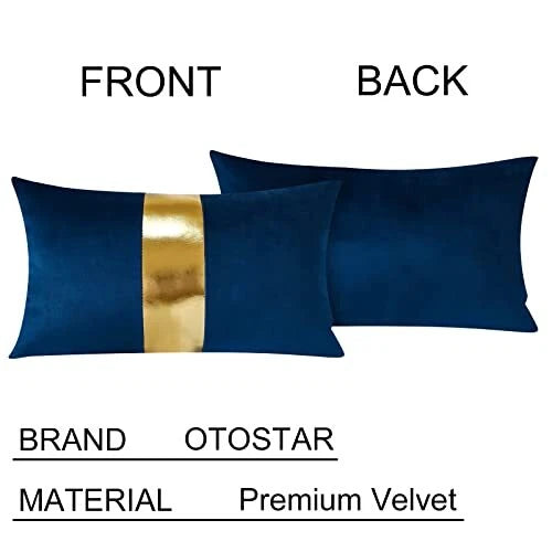 Velvet Throw Pillow Covers with Gold Leather 16x24 Inch (Pack of 2) Navy Blue