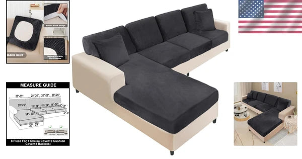 Stretchable Eight-Piece Velvet Slipcovers for Sectional Sofas with Pillowcases