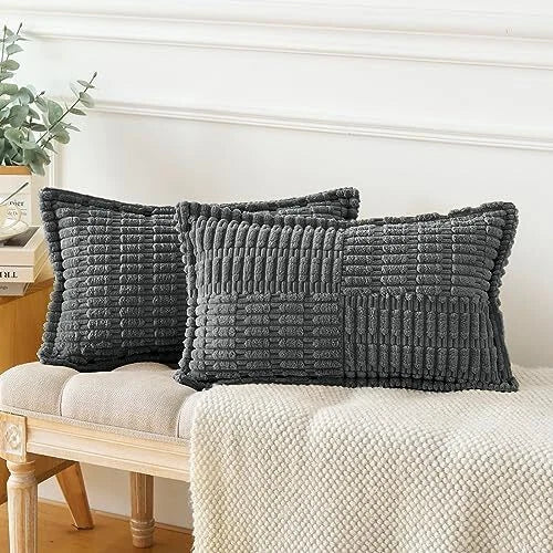 Pack of 2 Soft Corduroy Pillow Covers with 12" x 20" (Pack of 2) Dark Grey