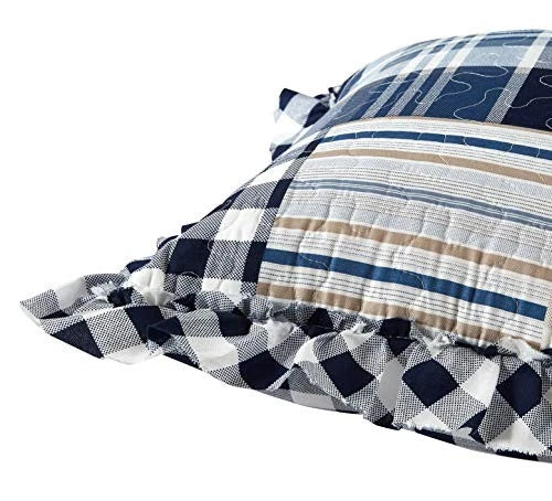 Plaids and Stripes Patchwork Ruffle Pillowshams, 18" x 18" (Pack of 2) Blue
