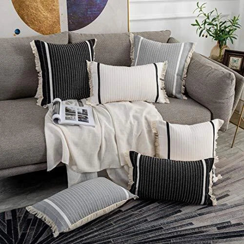 Modern Throw Pillow Cover with Tassels, Decorative Liana 12" x 20" Black