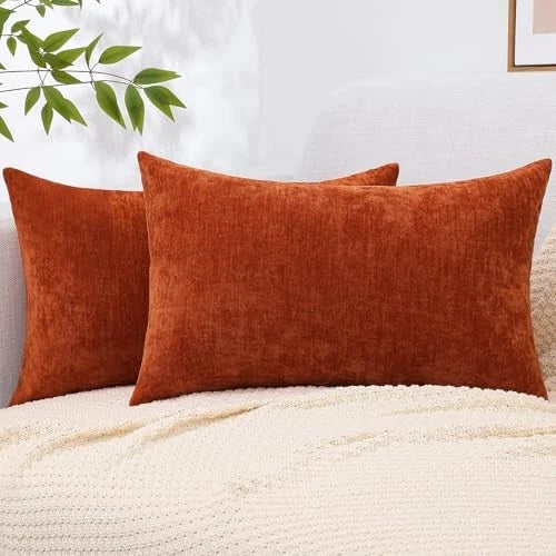 Chenille Fall Throw Pillow Covers 12x20 Inch Set of 20" x 12" (Pack of 2) Rust