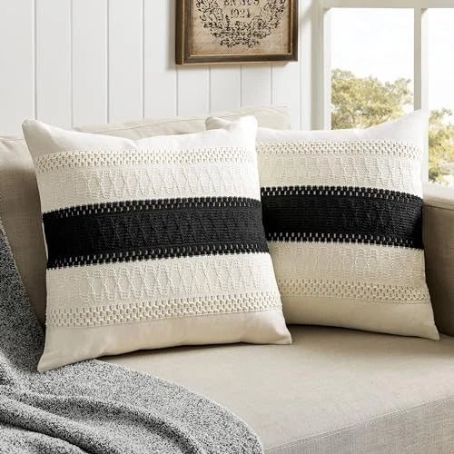 2 Packs Cotton Boho Throw Pillow Covers 20" x 20" (Pack of 2) Contrast/Black
