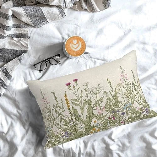 Sage Green Pillow Covers 12x20 Inch Set 12" x 20" (Pack of 2) Wildflowers 01