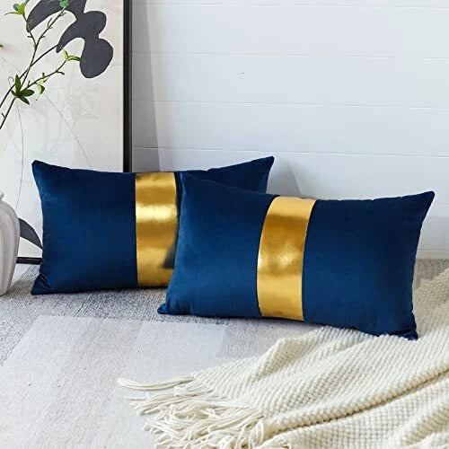 Velvet Throw Pillow Covers with Gold Leather 16x24 Inch (Pack of 2) Navy Blue