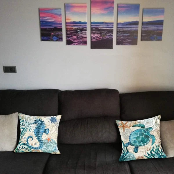 Ocean Theme Decorative Throw Pillow Cover 18X18 Set of 2, Turtle Seahorse Throw