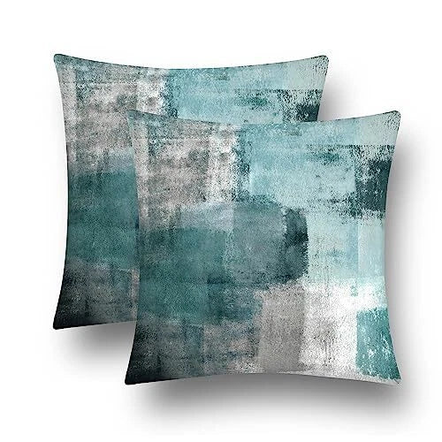Teal Velvet Abstract Pillow Covers Set of 2 20" x 20" (Pack of 2) Grey&teal