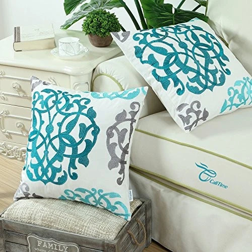 Throw Pillow 18" x 18" (Pack of 2) Geometric Floral - Teal / Duck Egg / Gray