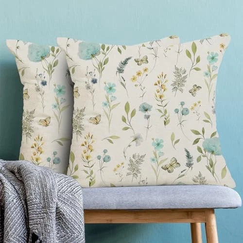 Spring Pillow Covers 16x16 16" x 16" (Pack of 2) Aqua Teal Sage Green Flowers