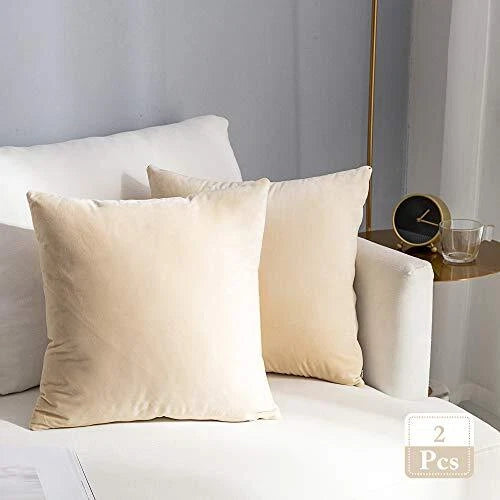 Super Soft Velvet Throw Pillow Covers Square 2 pieces, 18"x18" Beige