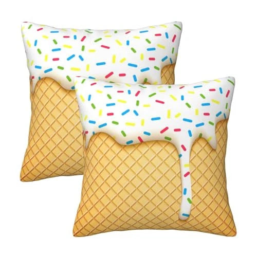 Ice Cream Pillow Covers 18x18 Set of 2, Yellow White Throw Pillow Covers