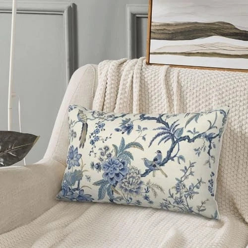 Spring Floral Birds Pillow Covers 12 x 12" x 20" (Pack of 2) Blue Flower Birds